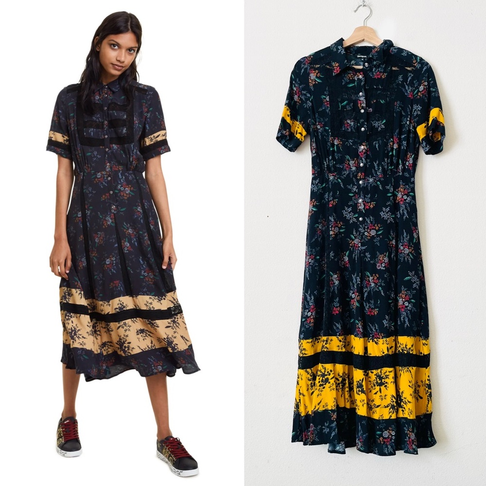 Desigual SIZE 40 (MEDIUM) Atlanta floral shirt short sleeve midi dress with lace